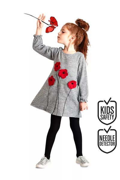 Grijze meisjesjurk met klaproosprint, lange mouwen en elastische manchetten