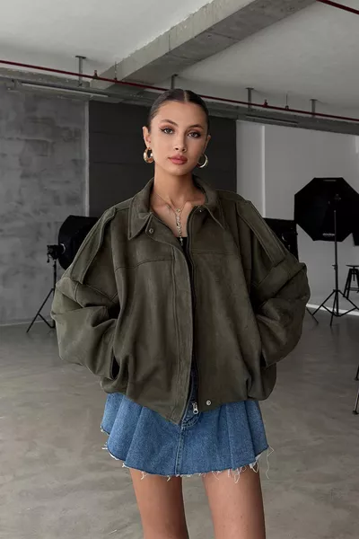Oversized Women's Bomber Jacket in Khaki Suede Leather