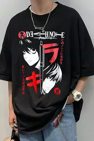 T-shirt oversize unisex anime nera con stampa Death Note