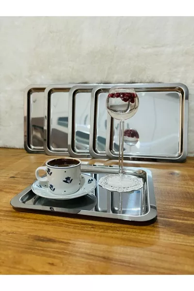 Luxury Square Stainless Steel 6-Piece Coffee, Tea, Dessert Decorative Serving Tray