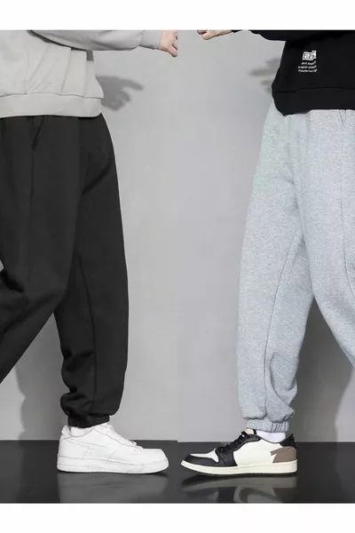 2-حزمة ذكي بنطال رياضي خمر - أسود ورمادي مطبوع المطاط الساق عالية الخصر الصيف