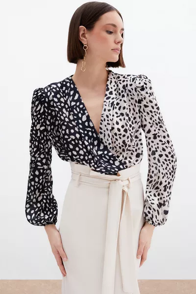 Kruvaze Desenli Bodysuit - Bej-Siyah