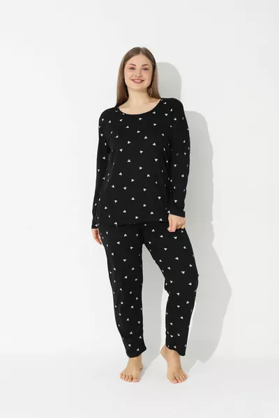 طقم بيجامة قطني بطبعة قلب أسود للنساء بمقاس كبير