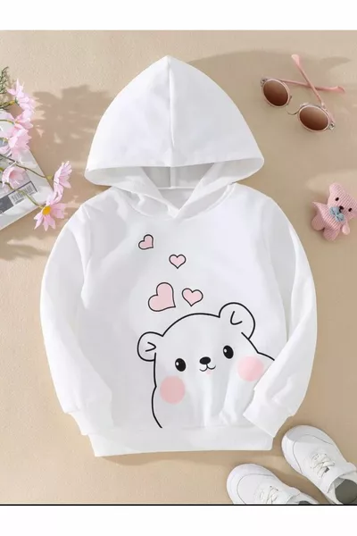 Sweat-shirt à capuche blanc pour fille avec imprimé petit ours mignon