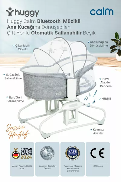 سرير أطفال ومهد حديث رمادي هادئ صغير – قابل للتوجيه في اتجاهين، مزود بالموسيقى، يمكنه التأرجح تلقائيًا، مزود بميزة البلوتوث