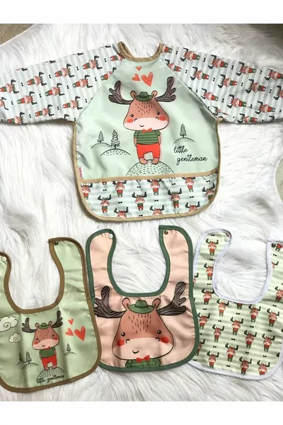 Deer Pattern 1-Piece Long Sleeve 3-Piece Collared Baby Bib Set (6 - MONTH)