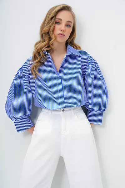 Women's Navy-Striped Balloon Sleeve Hidden Button Basic Poplin Shirt 