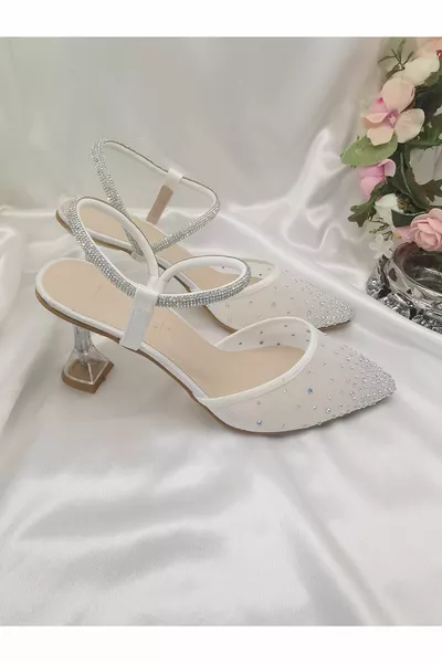 Kadın Sedef Kırık Beyaz 7 Cm Kadeh Topuklu Taşlı Sinderella Stiletto Gelin Ayakkabısı