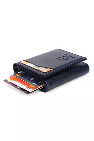 Men's Vegan Leather Navy Wallet with Cash Compartment and Sliding Mechanism Cardholder