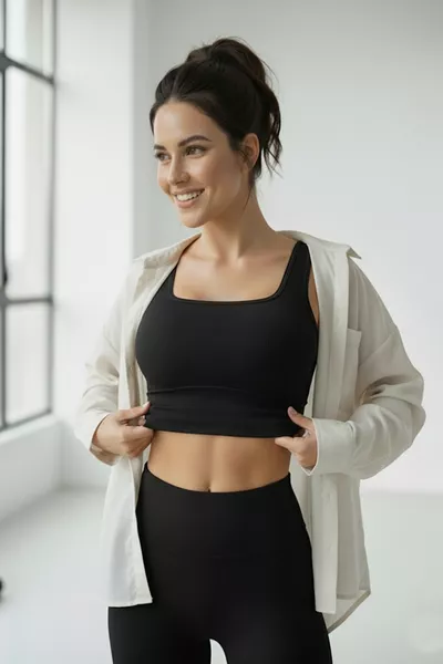 حزمة رياضية نسائية من قطعتين، حمالة صدر رياضية مبطنة بالأسود والأبيض، بلوزة قصيرة بلا أكمام