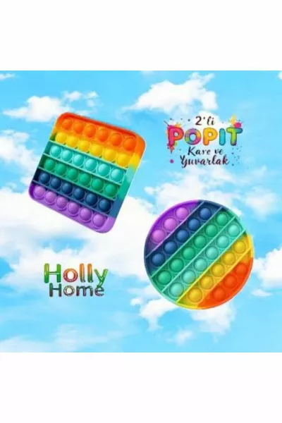2'li Pop It Kare- Yuvarlak Şekilli Gökkuşağı Renk Duyusal Oyuncak Zihinsel Gelişim Stres Popit 2 Ad