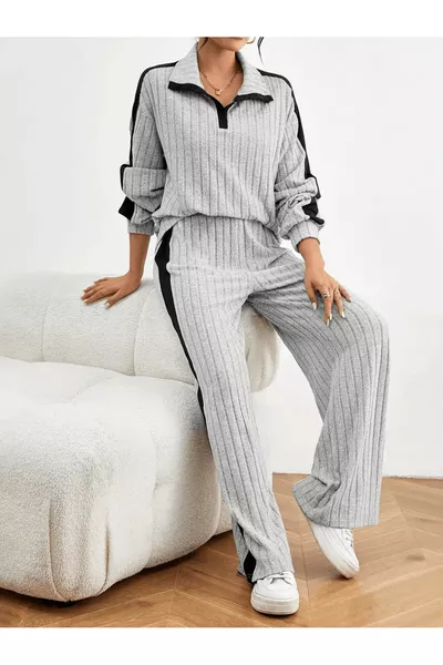 Color Block Ribbed Comfortable Pants Set & Long Sleeve Collared Wide-Leg Pants