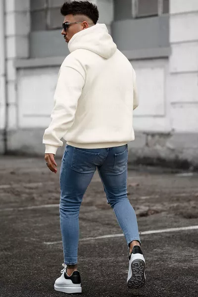 سويت شيرت رجالي كريمي أبيض باهت بنقشة Spectacular، منسوج بخيط ثلاثي، مبطن بالفرو، بغطاء للرأس وجيوب كنغر، مقاس واسع