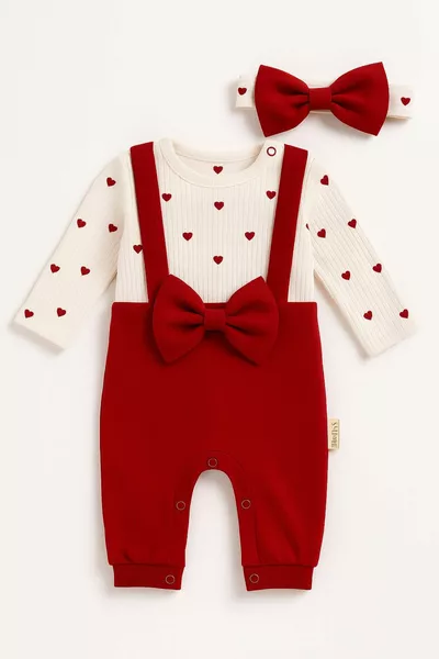 Baby Girl Jumpsuit with Heart Bow, Cotton Jumpsuit  Months