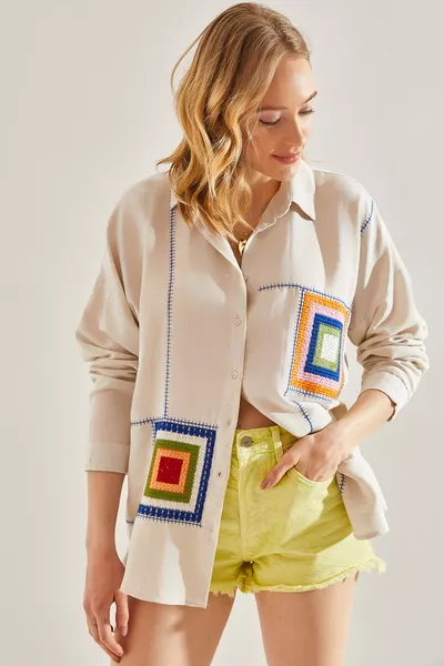 قميص نسائي قطني فضفاض بنقشة مربعات 