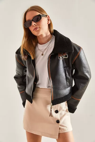 جاكيت نسائي بياقة وحزام مبطن