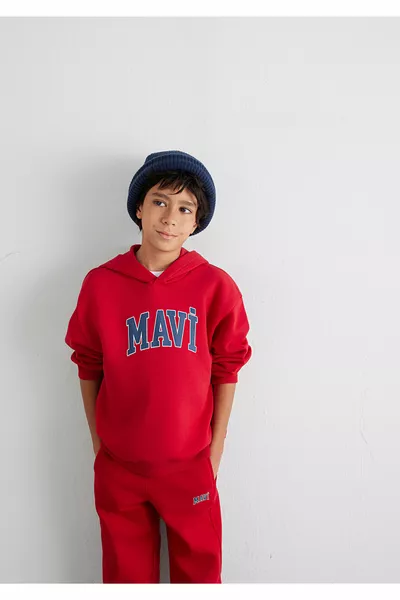 Logo Baskılı Kırmızı Kapüşonlu Sweatshirt 