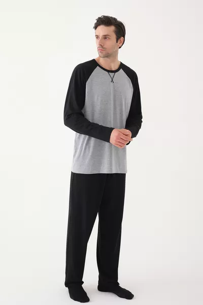 طقم بيجامة رجالي بأكمام طويلة وجيوب من القطن