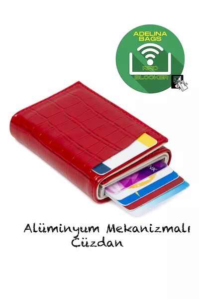 Portafoglio automatizzato con meccanismo a scorrimento e motivo coccodrillo rosso Adelina