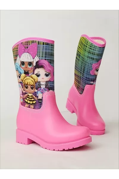 حذاء مطر للبنات مزين بطبعة لول، وردي مقاوم للماء