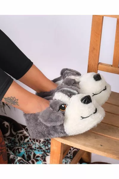 شبشب منزلي فخم ببطانة فروية بلون الدخان، مزود بصورة كلب، ضد الانزلاق، مريح للجنسين