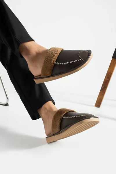 Men's House Slippers, Brown Leather-Look