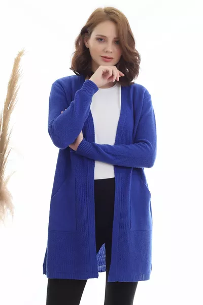 Cardigan en tricot à poches kangourou bleu marine pour femme