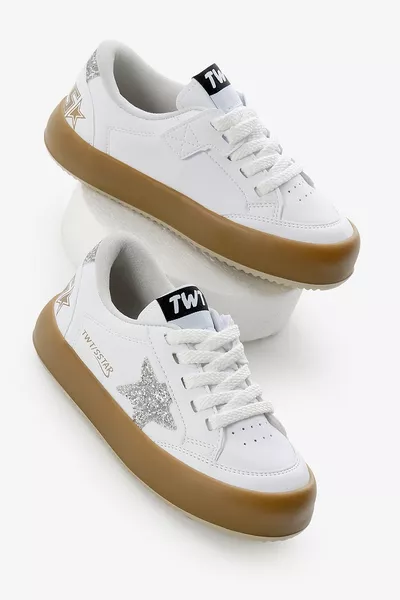 حذاء رياضي للأطفال للجنسين أبيض، بقاعدة حرارية فضية، بتفاصيل نجم، بسحّاب ورباط