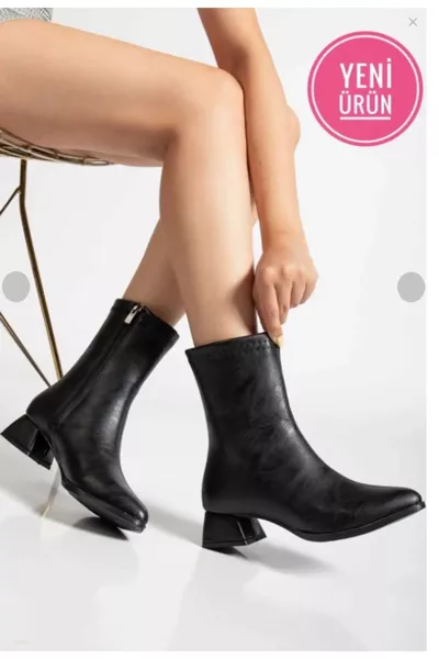 حذاء نسائي أسود متوسط الطول | حذاء يومي بكعب قصير مع خياطة وسطية | حذاء مدبب مقاوم للماء خفيف للاستخدام اليومي