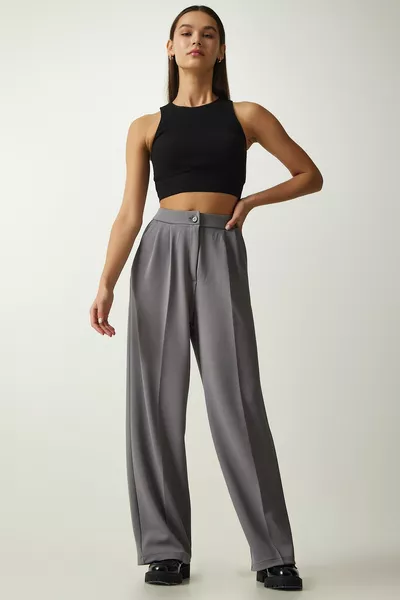 Pantalon Palazzo Plissé Gris Femme 