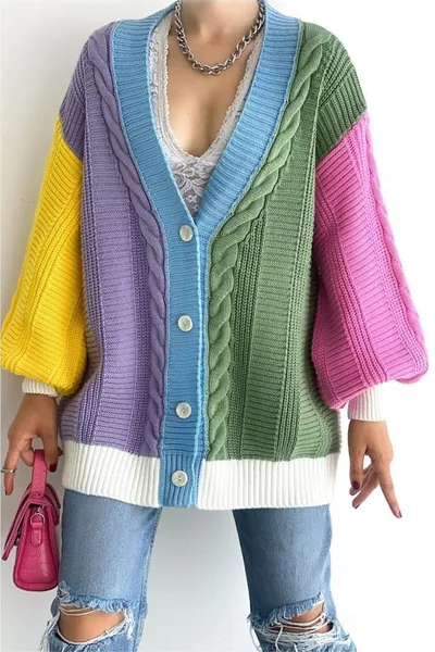 كارديغان نسائي تريكو واسع الحجم بألوان متعددة ونمط كتل فضفاض