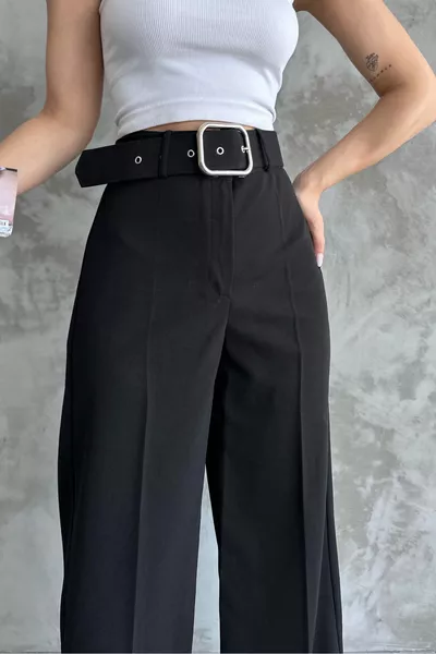 بنطال بالازو واسع الساق بخصر مرتفع وحزام للنساء باللون الأسود