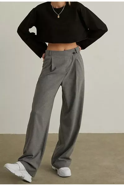 بنطال بالازو نسائي أنثراسيت خصر عالي، أرجل واسعة، يومي@أناقة المكاتب 