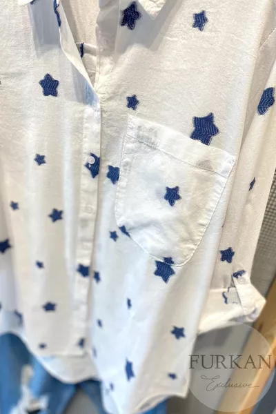 Damenbluse aus dünner Baumwolle mit weißem Stern-Stickerei