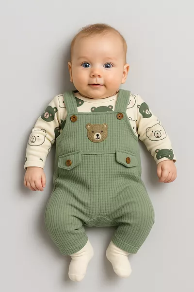 طقم رضيع أولاد من قطعة واحدة مطرز على شكل دب 3 قطع – قميص داخلي، لبسة كاملة وجوارب | ملابس طفل من 3-6-9 أشهر