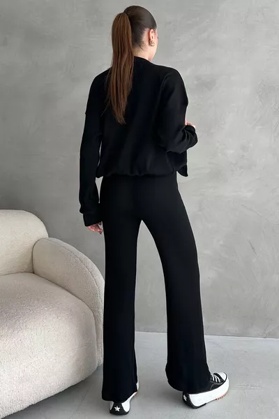 Black Ribbed Pants and Bomber Jacket Women's Set