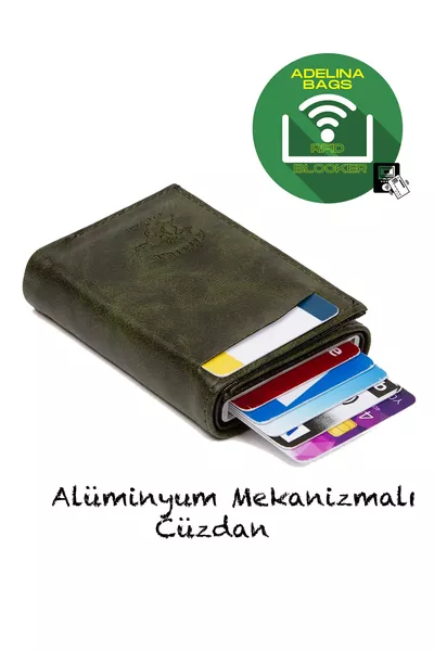 Adelina Unisex Haki Crazy Deri Mekanizmalı Otomatik Kızaklı Kartlık Cüzdan (CM)