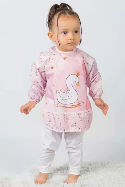 Bavaglino impermeabile a maniche lunghe per pappa e attività con motivo cigno