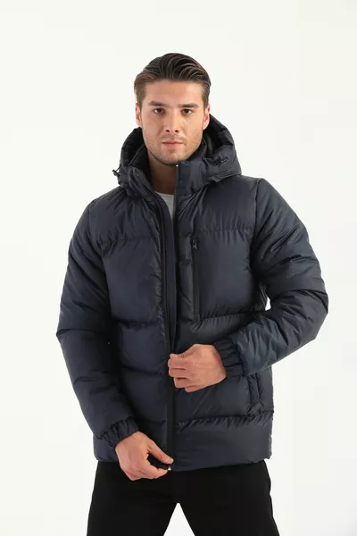 Мужская тёмно-синяя зимняя стёганая куртка с капюшоном, утеплённая и ветронепроницаемая