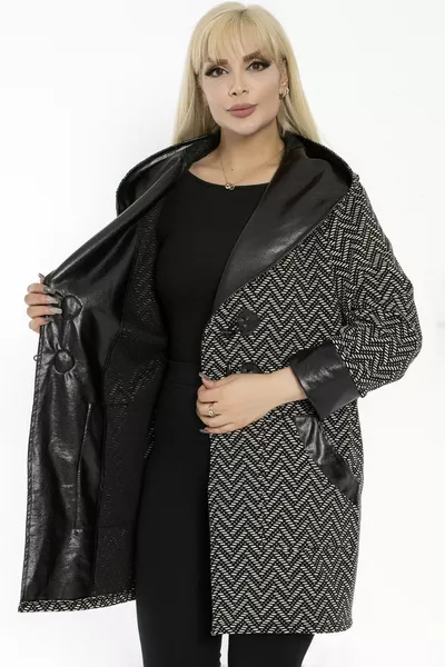 Leather-Trimmed Hooded Jacquard Zigzag Pattern Long Sleeve Buttoned Pocketed Side-Slit Hip-Length Casual Cardigan