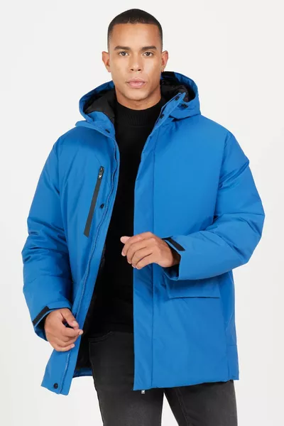 Giacca da uomo blu con cappuccio, collo alto, vestibilità standard, calda e resistente al vento