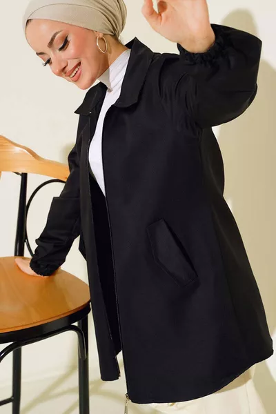  Short Trench Coat with Pocket Flap - Black