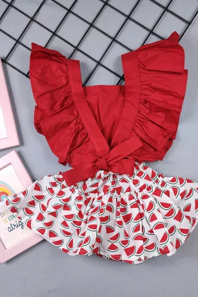 طقم رومبير للبنات مزين بالكرنب مع وشاح بنقشة البطيخ