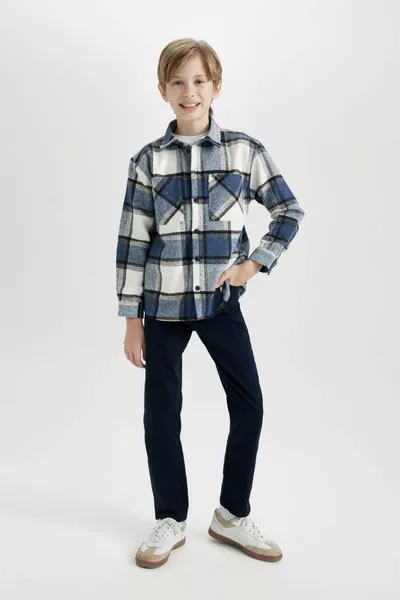 Jungen Oversize Weit geschnittenes Flanellhemd mit Polokragen und langen Ärmeln WN