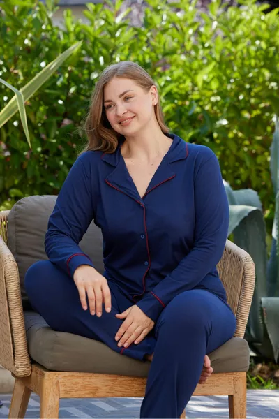 Büyük Beden Kadın Lacivert Uzun Kollu Pamuklu Önden Düğmeli Biyeli Pijama Takımı