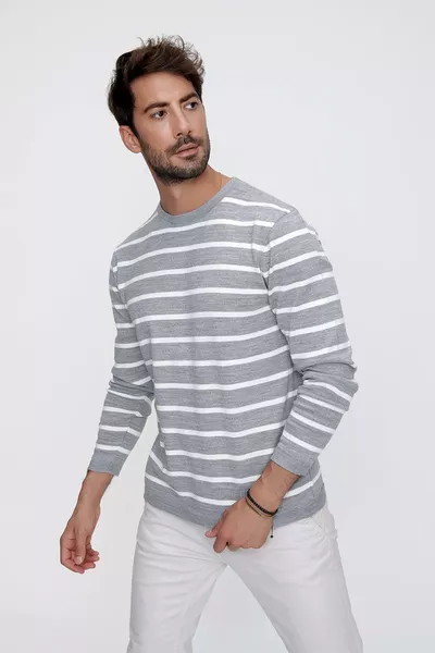 Heren Grijs Ronde Hals Gestreepte Casual Trui 