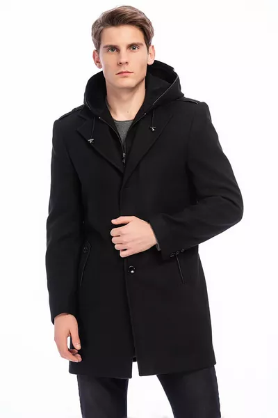 Cappotto da uomo in misto lana nero con cappuccio, chiusura anteriore con zip e bottoni