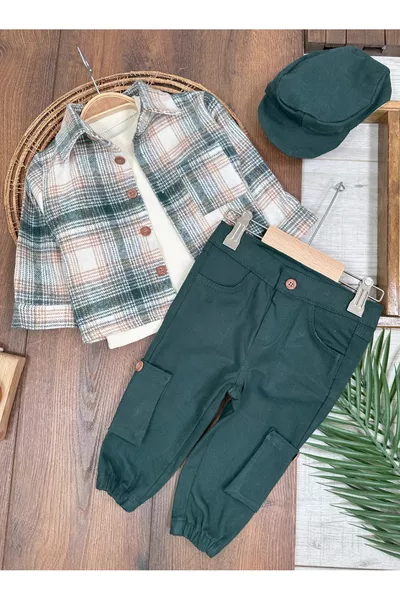 Holzfällerhemd mit Hut, Waffel-Hoodie, Canvas-Overall, Cargohose 4-teiliges Jungen/Babykleidungsset