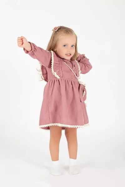 Kız Bebek Uzun Kol Papatya Desenli Çantalı Elbise