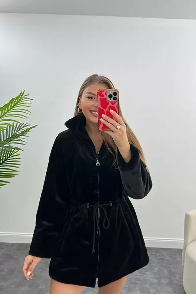 Дамско палто с колан, копринен с въже, с пухкава лека подплата, късо